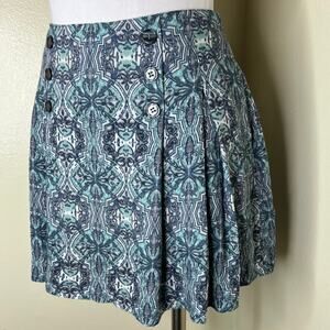 Free People Lovers Lane Mini Skirt 4 Blue Motif Medallion Button Pleated A-Line